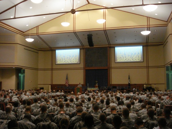 Chaplain (CPT) XXX XXXX conducting worship service for trainees of the 1st EN BDE at the new Main Post Chapel at Fort Leonard Wood, 4 Sep 2011.