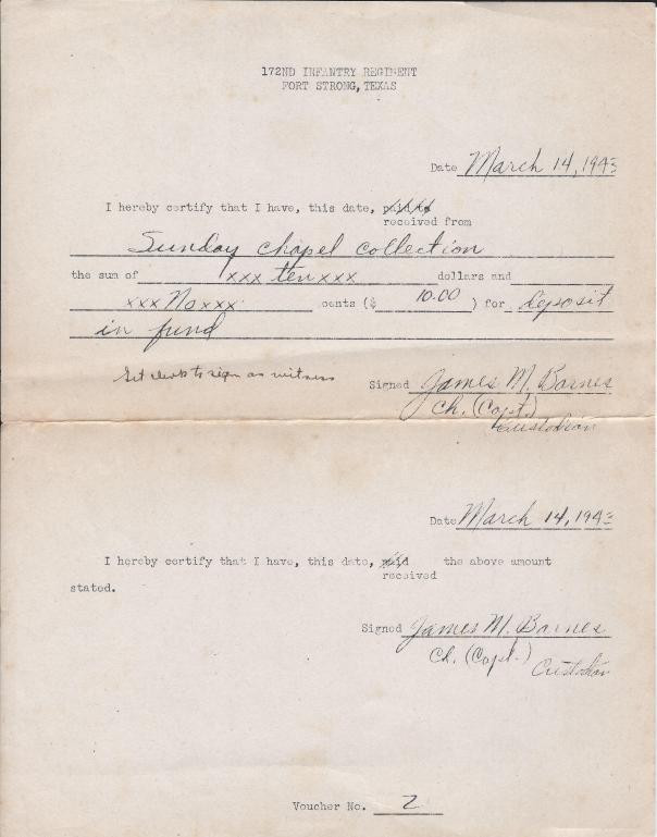 Fort Strong Chapel collection reciept