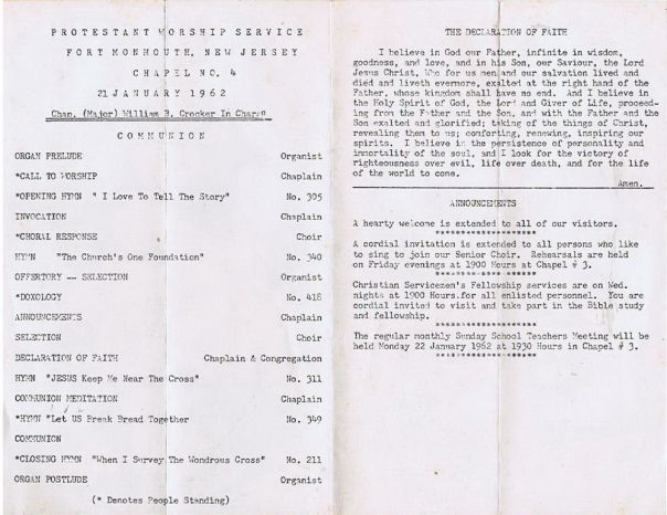 Ft. Monmouth worship bulletin 1962