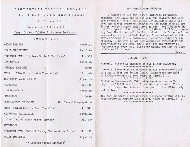 Ft. Monmouth worship bulletin 1962