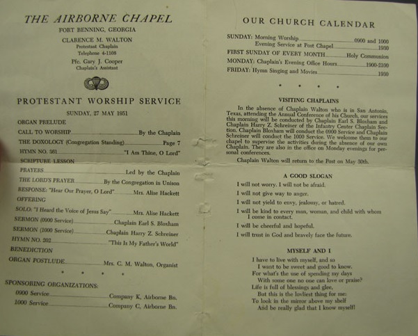 Fort Benning Worship bulletin 1951