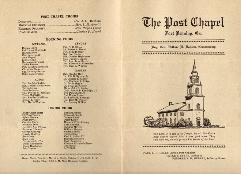 Fort Benning Post Chapel worship bulletin