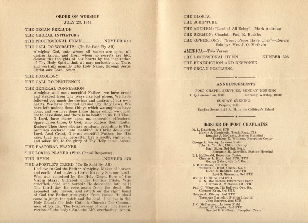 Fort Benning Post Chapel worship bulletin