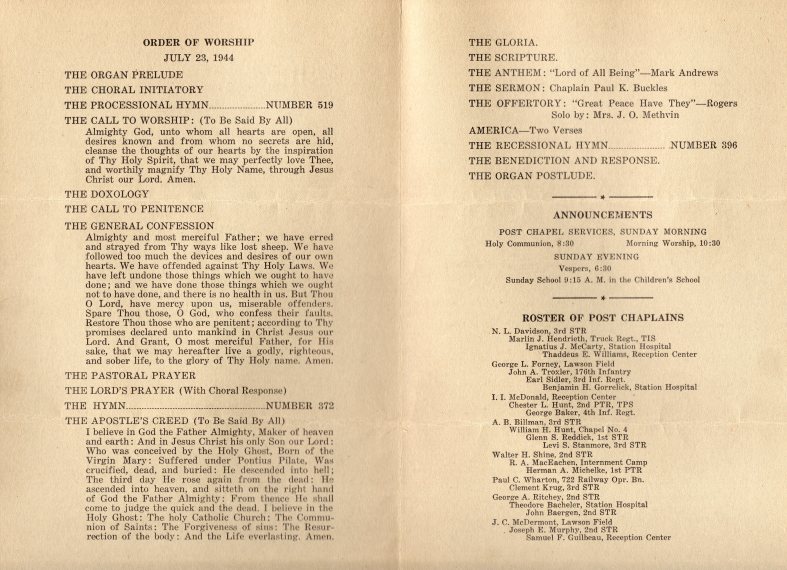 Fort Benning Post Chapel worship bulletin