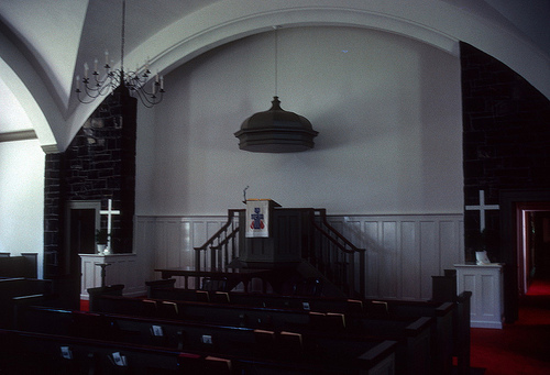 Interior view of the Old Stone Church at Fort Defiance as it appears today.